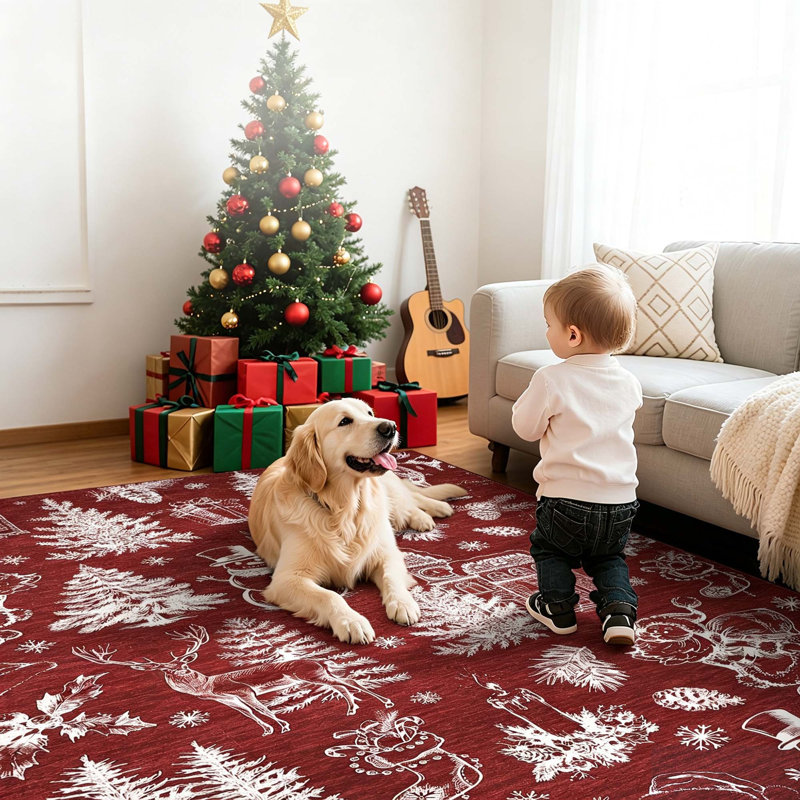 Washable Area Rug, Red and White, 120*120cm
