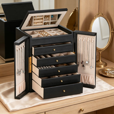 Grande boîte à bijoux avec 5 tiroirs, 6 rangements de bijoux pour femmes avec miroir, collier, anneau, bracelet, organisateur de montre, bois certifié FSC, noir