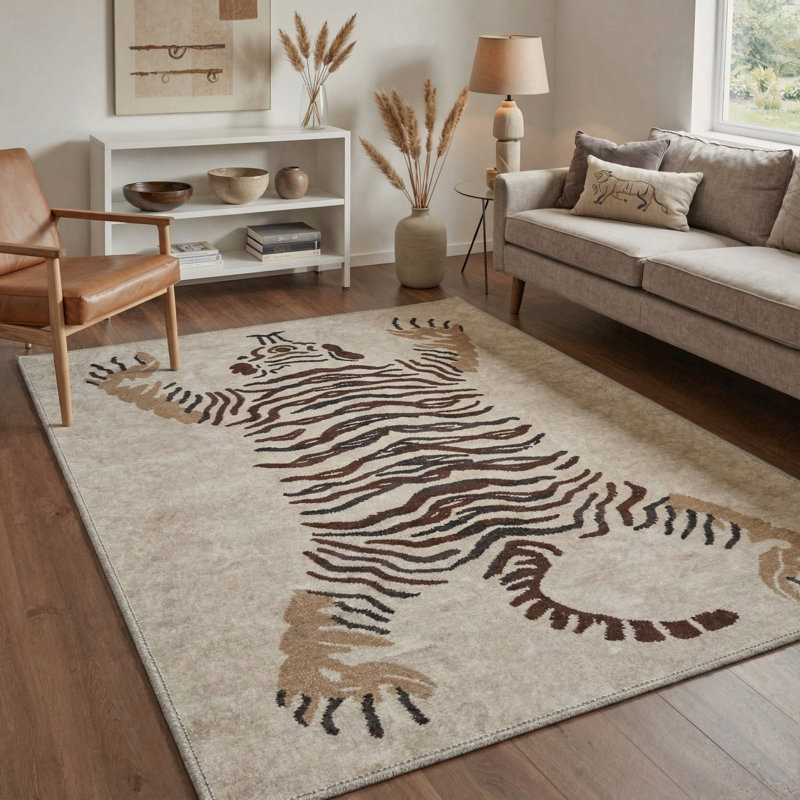 Tiger Animal Print Machine Washable Beige / Brown Indoor Area Rug with Non-Slip Backing, Rectangle 8' x 10'