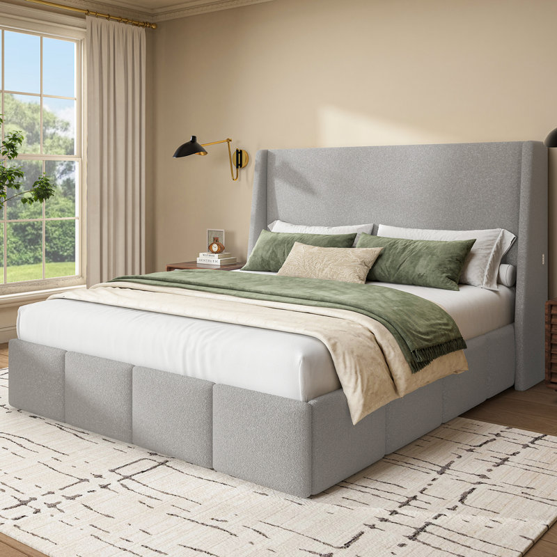 High Headboard Platform Bed Frame Made Of Sherpa, Gray, King