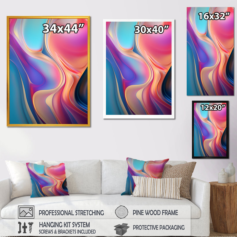 Art transitionnel sur toile, "Transitional" rose et bleu, H 20 po x l 12 po x P 1 po, Cadre doré simple