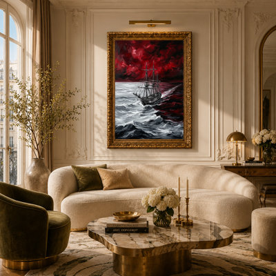 Art mural sur toile noir avec voilier gris sur fond de ciel rouge profond
