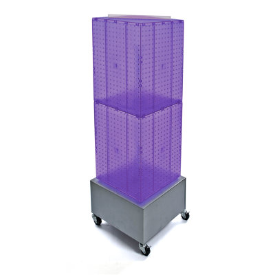 Présentoir de plancher en panneau perforé à quatre côtés sur base à roulettes en métal. Support à roulettes. Taille du panneau: l 14 po x H 40 po