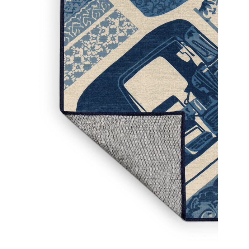 Tapis bleu tacheté lavable à la machine Tuk Tuk Rickshaw, 2 x 4