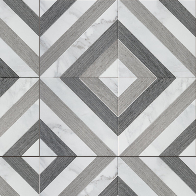 Carreau de porcelaine mat à motif géométrique 8 po x 8 po Palace, Gris / Blanc