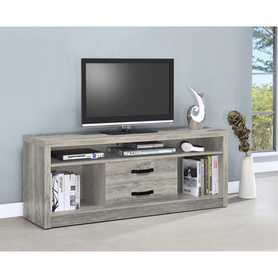 Meuble télé en bois d'ingénierie avec abat-jour en bois flotté gris, deux tiroirs pour ranger des articles, aspect rustique, caractère, construction, surface lisse, 2 tiroirs de 15,5 po de largeur avec finition, double