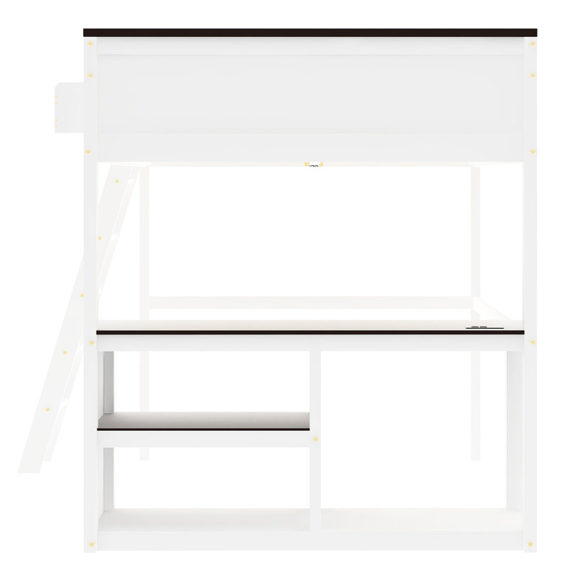 Grand lit mezzanine avec bureau, tablette ouverte et boîte de rangement, blanc - peu encombrant, matériaux, design