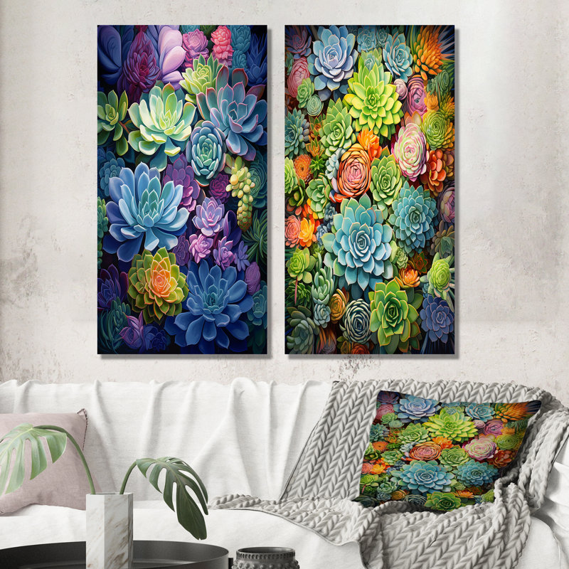 «Blue Green Succulents Botanical Oasis», 2 pièces, H 40 po x l 40 po, Toile tendue