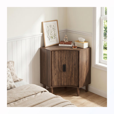 Fluted Corner Cabinet with Sliding Doors and Adjustable Shelves