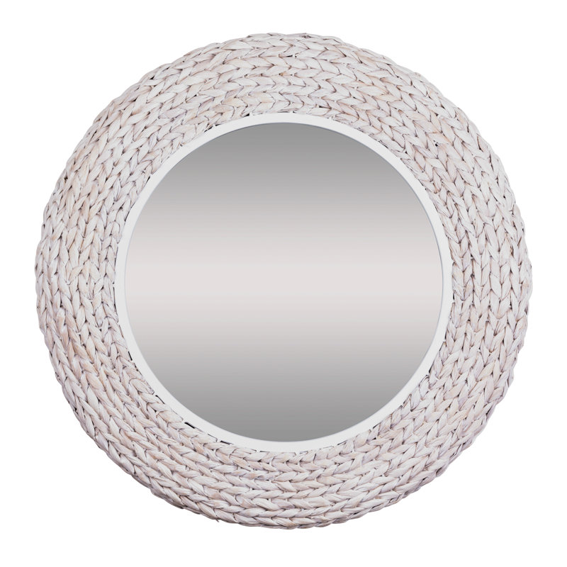 Athena Round Wall Mirror - 30"W x 30"H - Matte White/Whitewash Seagrass, White, 30.25" x 30.25"
