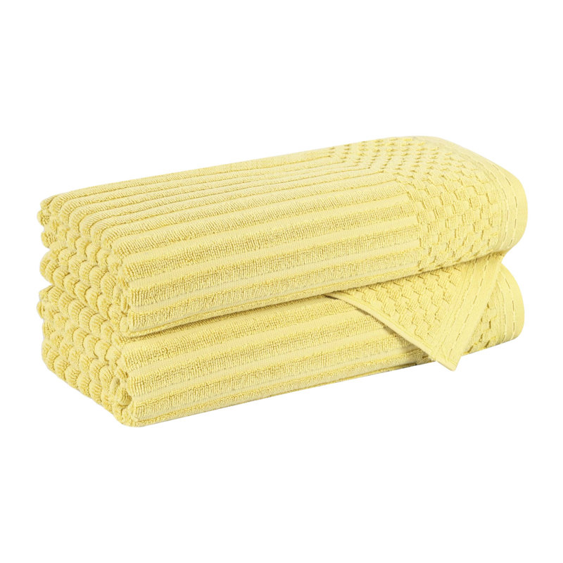Ruvins Cotton Highly Absorbent Solid and Checkered Border Bath Towel Set, Yellow Gold