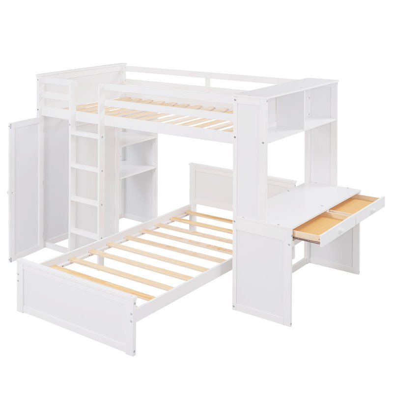Lit superposé en forme de L avec bureau, bibliothèque et armoire Hasel, Double sur double, Espresso
