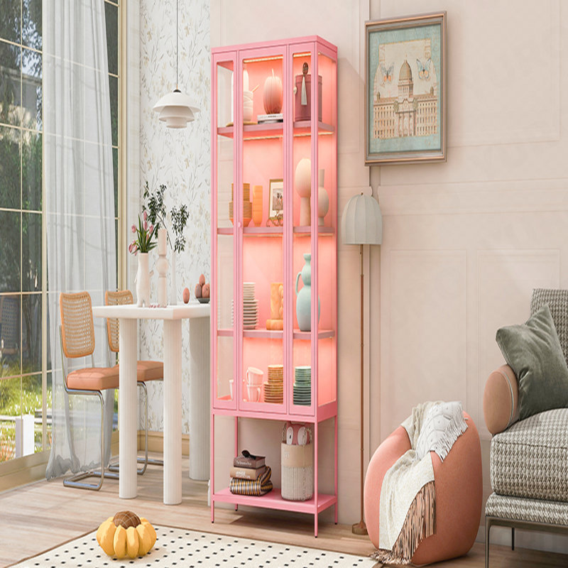 Vitrine 67,3 ", fer, porte en verre, lumières DEL pour objets de collection - rose