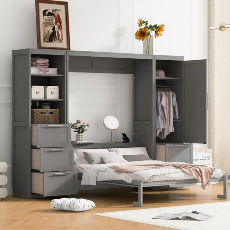 Lit escamotable Murphy avec placard, tiroirs et tablettes, cadre de lit, gris