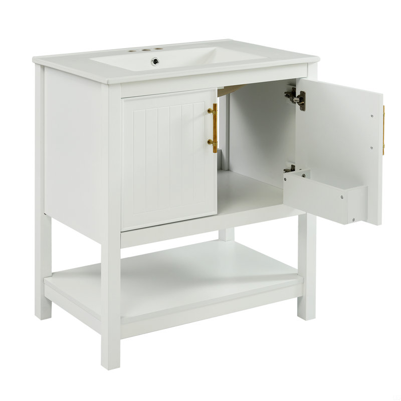 30-Inch Bathroom Vanity With Ceramic Sink And Versatile Storage, White
