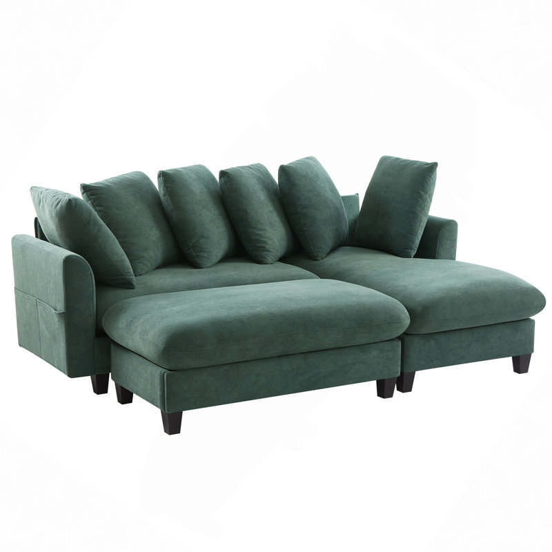 Canapé modulaire rembourré en L avec repose-pieds mobile, Chenille verte