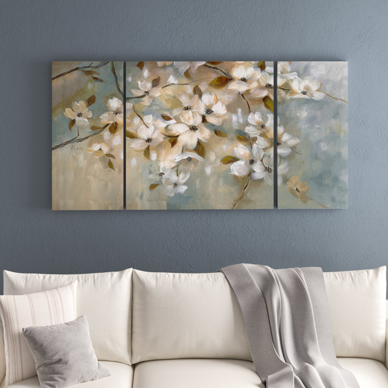 «Blossoms Of May», peinture sur toile 3 pièces, H 24 po x l 48 po x P 1,5 po