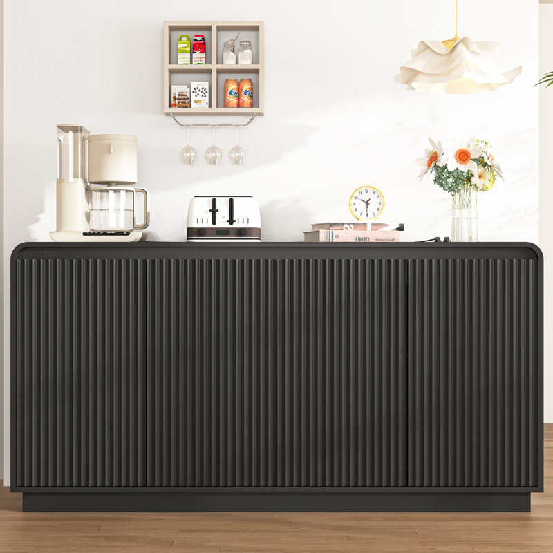 59'' Fluted Sideboard With Adjustable Shelves& Power Outlet, Black