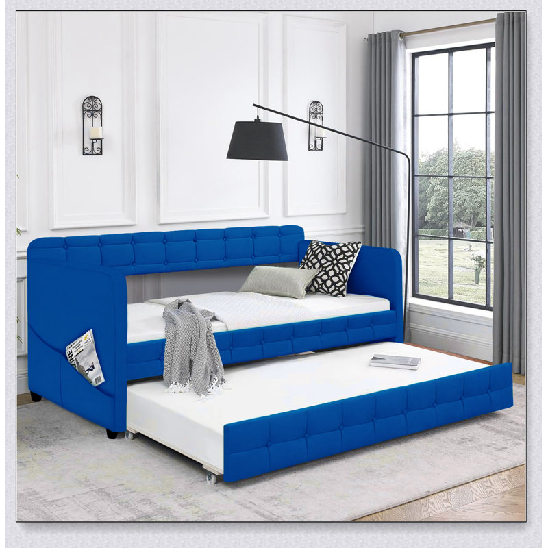 BLUE UPHOLSTERED DAYBED WITH TRUNDLE, VELVET FABRIC