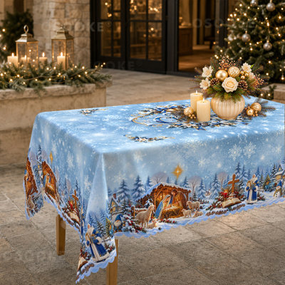 Nativity Scene Tablecloth, Blue Winter Holy Night Snowflake Table Cover