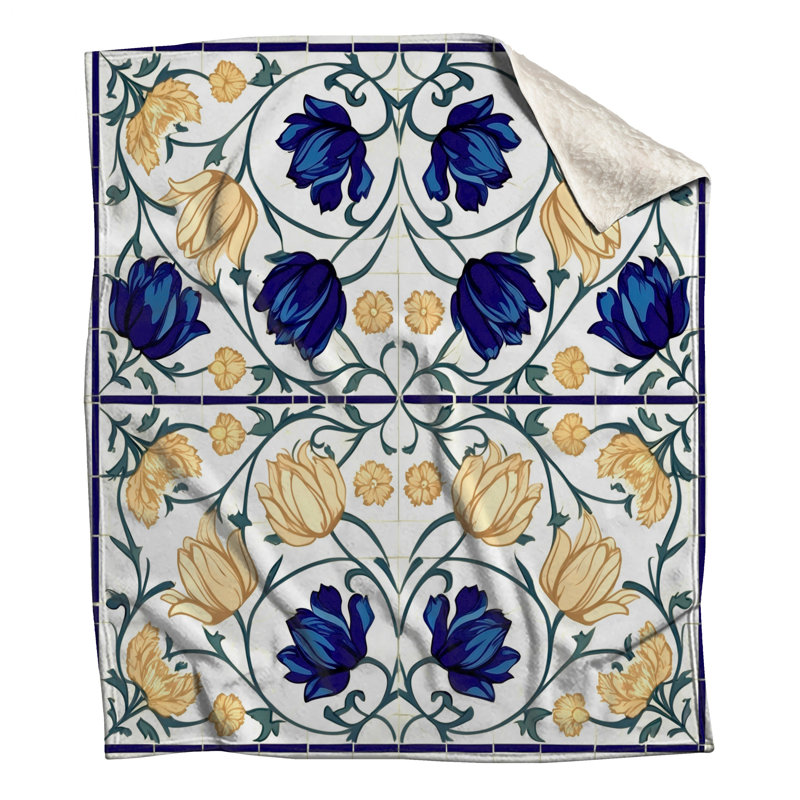 Couvertures florales bleues et jaunes, L 50 po x H 60 po