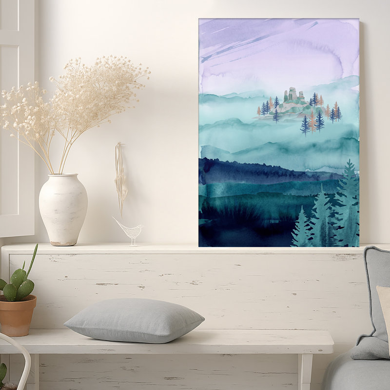 «Layered Teal Mountains and Pine Trees», reproduction d'art sur toile, H 40 po x l 28 po
