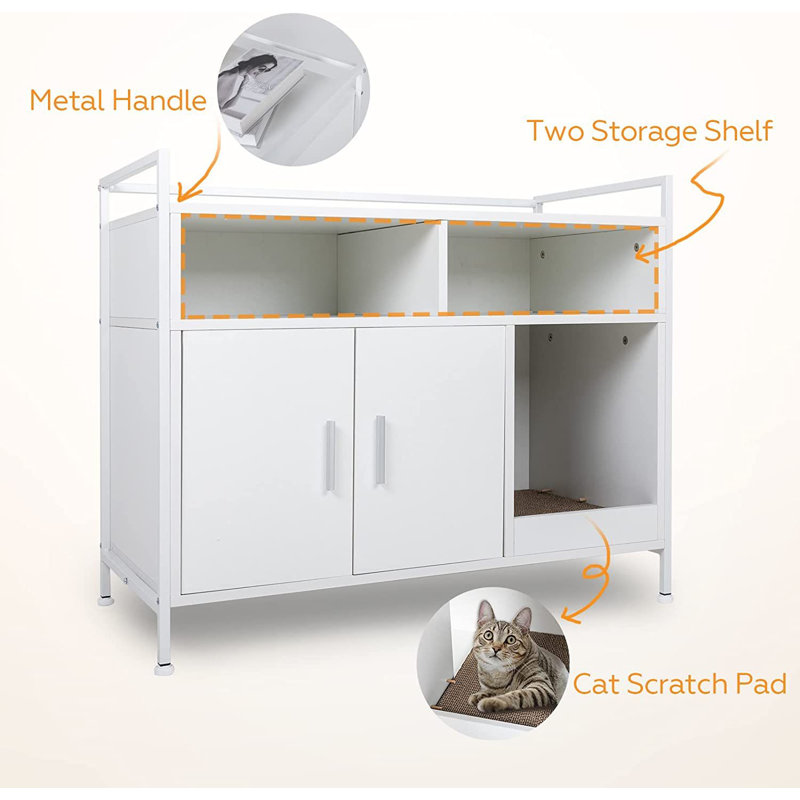 White Manufactured Wood and Metal Litter Box Enclosure with Storage Shelves