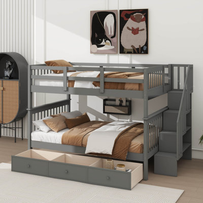 Full-Over-Full Bunk Bed For Bedroom, Equipped With Drawer, Storage, And Guard Rail On Stairway
