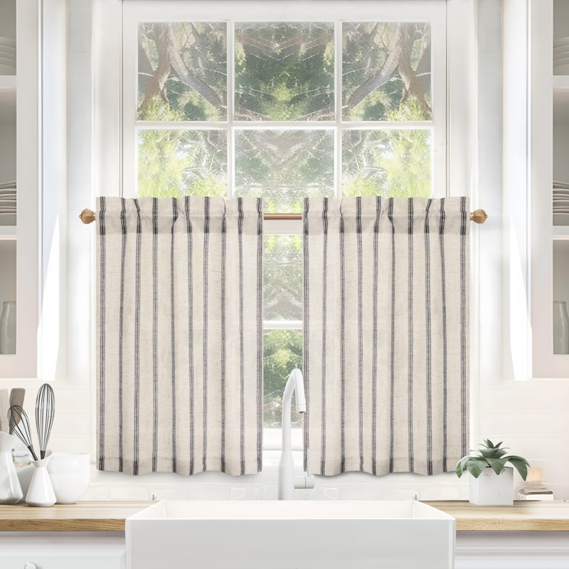 Farmhouse Kitchen Curtains Striped Tier Linen Short Curtains Pinstripe Cafe Curtains, 26" W x 36" L, Black Stripe/Light Linen
