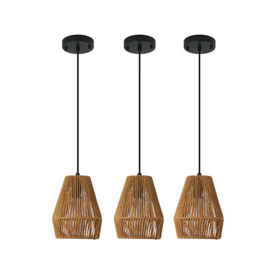 Ensemble de 3 luminaires suspendus en corde de chanvre rustique - luminaires suspendus bohème campagnard tissés à la main pour îlot de cuisine et salle à manger