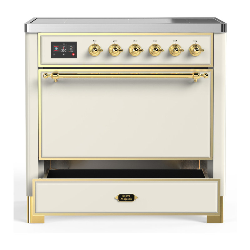 Cuisinière à induction 36 pouces avec 6 éléments à induction en blanc antique Majestic III Series (garniture laiton), Laiton