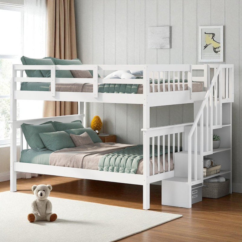 Lit superposé en bois avec escalier de rangement, Double sur double, Blanc