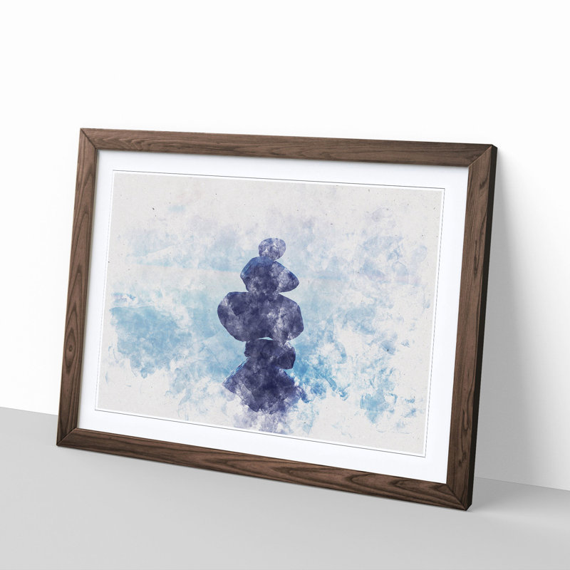 Balancing Zen Stones Upon A Lake Watercolour - Single Picture Frame Print on MDF, Walnut Framed, 45cm H x 63cm W x 2cm D