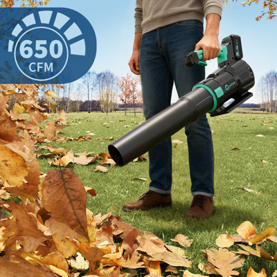 Souffleur de feuilles portatifs sans fil 20 V avec batterie 4,0 Ah et chargeur, moteur sans balais, 650 CFM, 200 MPH, vitesse variable pour le nettoyage de la pelouse, du patio et de la terrasse.