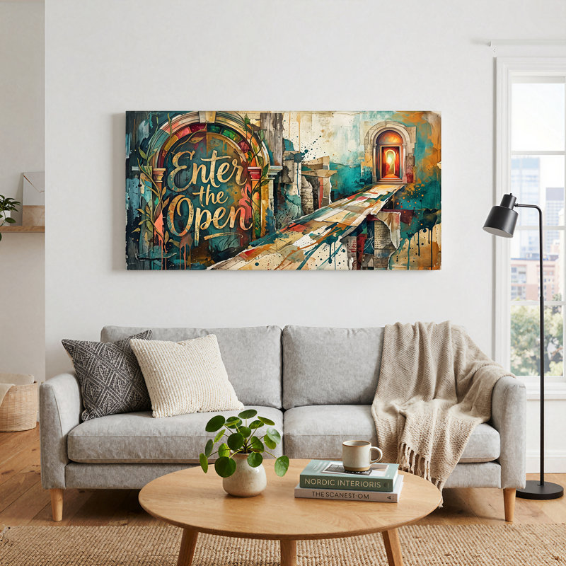 «Entrer dans l'ouverture en pierre», art mural toile sarcelle or éclaboussures, L 40 po x H 20 po