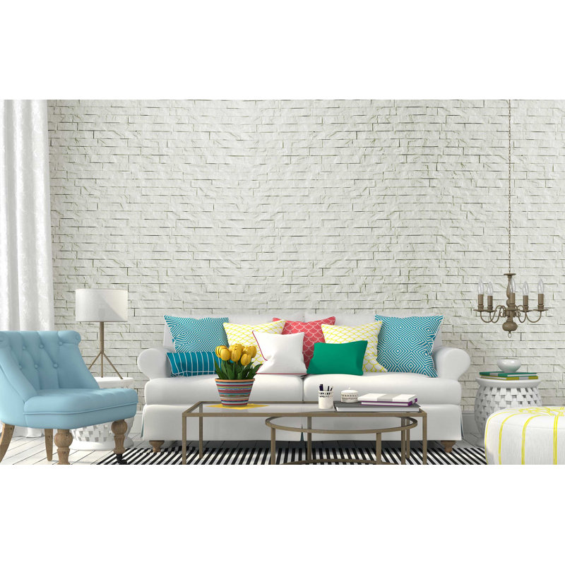 White Faux Ledgestone 3D PVC Interlocking Wall Panel, 24" x 24"