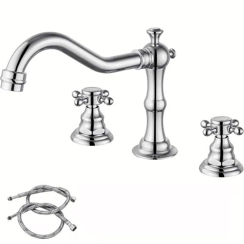 8" Widespread Chrome Bathroom Faucet Sink Basin 3 Hole 2 Cross Handle with Drain, Chrome