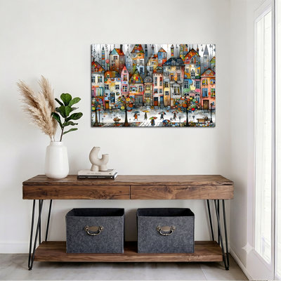 «Whimsical Colorful Town Street», art mural sur toile, art populaire, parapluie, personnes, impression