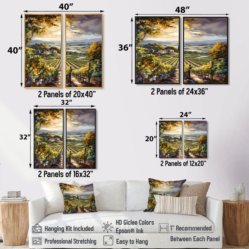 «Vineyard Charm Landscape II - Landscape Vineyard», art mural, Noir, H 36 po x l 48 po, Impression encadrée flottante