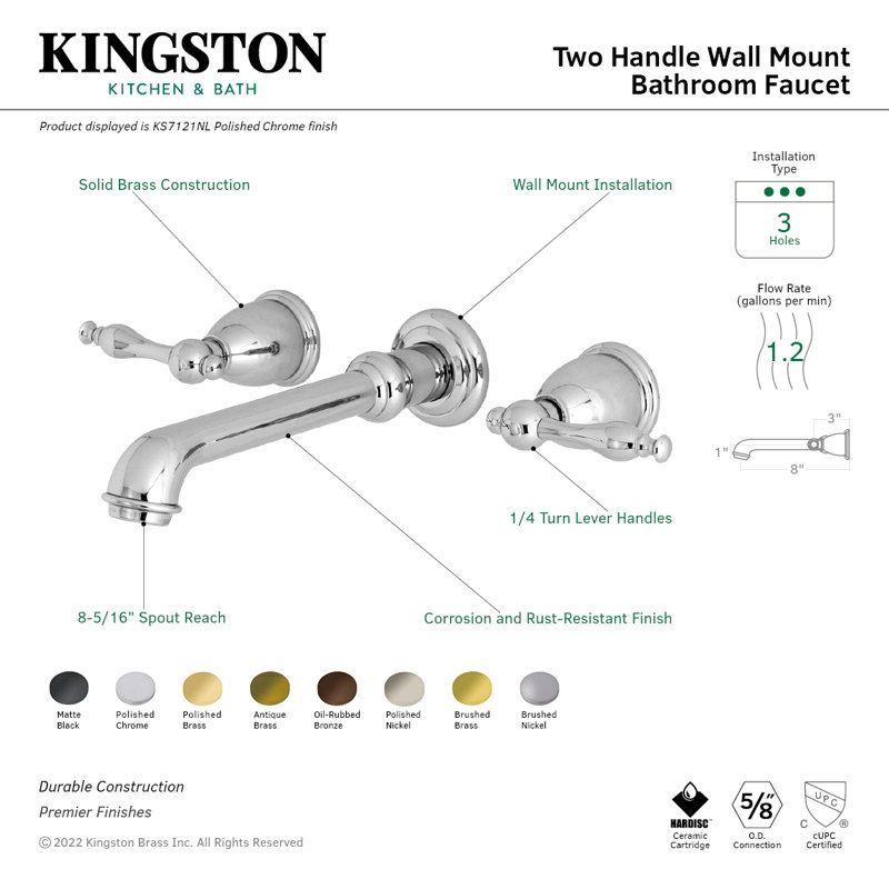 Kingston Brass Naples Two-Handle 3-Hole Wall Mount Bathroom Faucet, Polished Brass