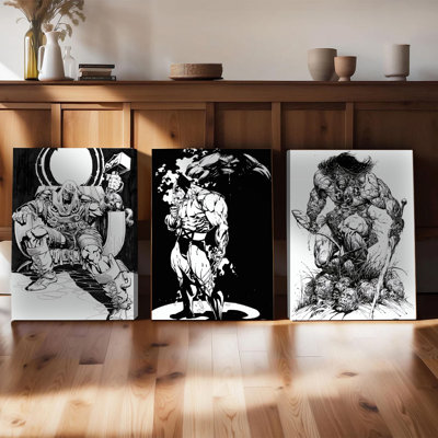 3PCS Wall Arts Posters Framed,  Monochrome Comic Style Wall Art Set of 3, Black and White Superhero Character Prints, Modern Abstract Decor for Living Room Bedroom Office, Premium Canvas Artwork with Bold Ink Illustrations