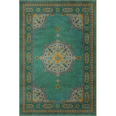 Green Framed Traditional Woven Base Washable Carpet