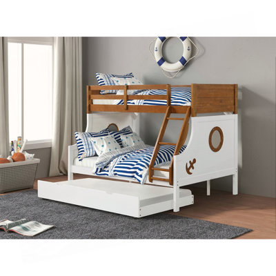 Lit superposé simple au-dessus d'un lit double de style moderne moderne avec des rails en échelle attachés et une structure de joint verrouillable pour la sécurité.