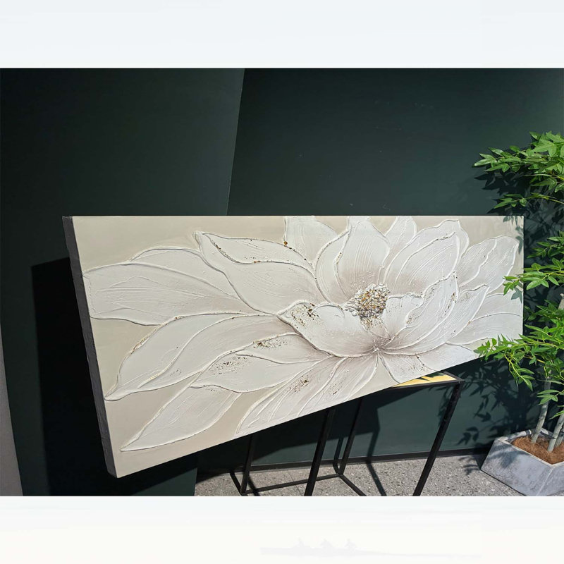 Art mural 24 x 48, fleur de lotus blanc, floral texturé peint à la main avec feuille d'or et centre en pierre, décor neutre encadré