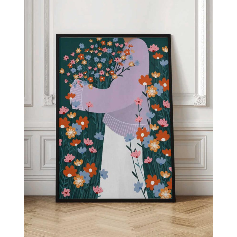 Bloom Embrace - Modern Floral Illustration, reproduction d'art, H 40 po x l 30 po, Noir