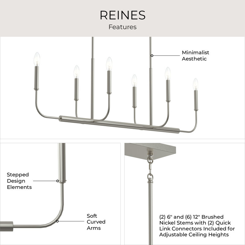 Reines 6-Light Brushed Nickel Linear Chandelier, Brushed Nickel