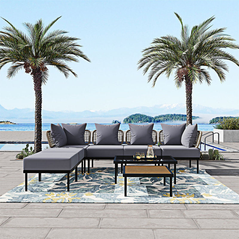 Ensemble de canapé modulaire de patio 8 pièces 8 pièces, Coussin gris clair / structure noire