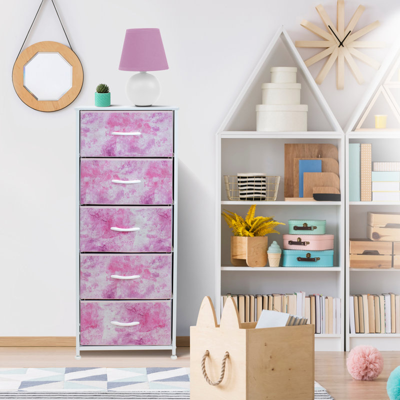 Sorbus Narrow 5 Drawers Nightstand with Steel Frame, Wood Top, & Fabric Bins, TIe-Dye Pink