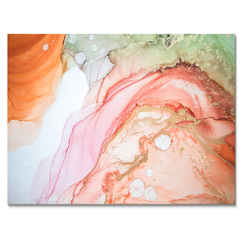 Art mural liquide ondulé en orange et vert - décoration murale moderne en toile, H 24 po x l 36 po x P 1 po, Toile tendue