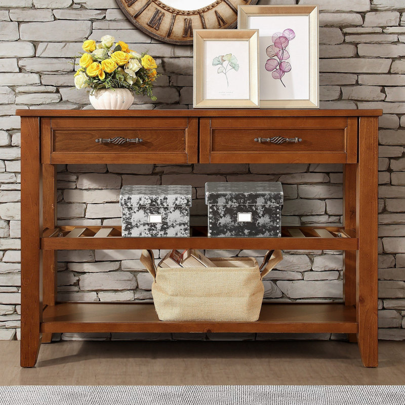 Console avec 2 tiroirs de rangement et 2 tablettes à niveaux, buffet style Mid-Century en bois massif de 42 po, Brun